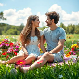 A romantic scene depicting young love between a couple in a sunlit park