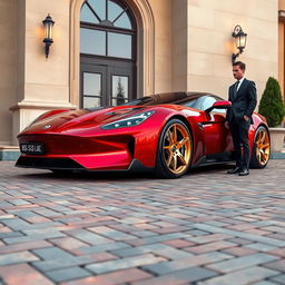 An eye-catching electric red pearl metallic luxury sports car parked on a textured brick pavement in front of a stylish beige building