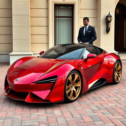 An eye-catching electric red pearl metallic luxury sports car parked on a textured brick pavement in front of a stylish beige building