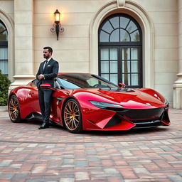 An eye-catching electric red pearl metallic luxury sports car parked on a textured brick pavement in front of a stylish beige building