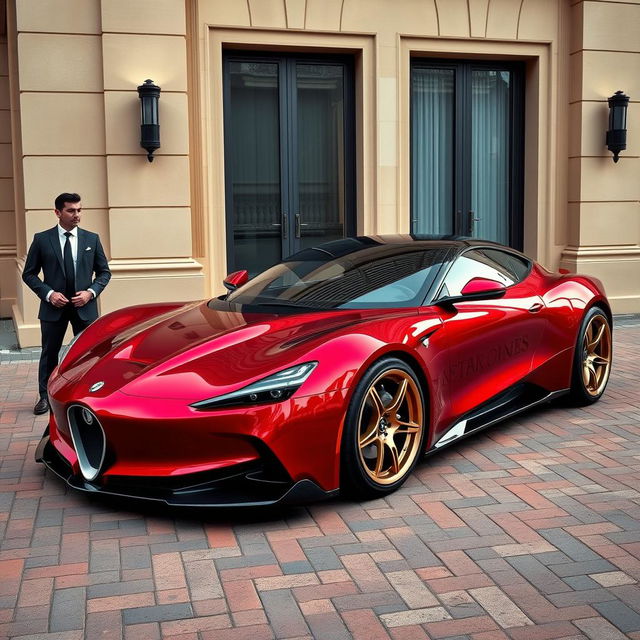 An eye-catching electric red pearl metallic luxury sports car parked on a textured brick pavement in front of a stylish beige building