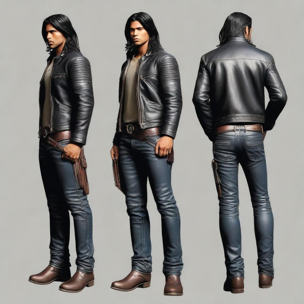 This meticulously detailed digital art image captures a handsome young Indian man with long hair, dressed in a black leather jacket, cargo pants, and sturdy boots