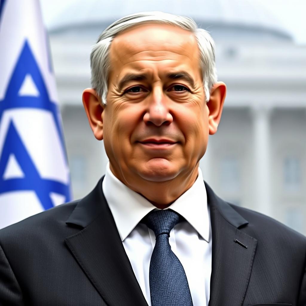 A portrait of Benjamin Netanyahu, the Prime Minister of Israel, in a formal setting