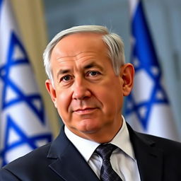 A portrait of Benjamin Netanyahu, the Prime Minister of Israel, in a formal setting