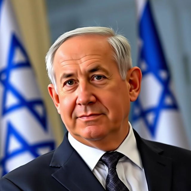 A portrait of Benjamin Netanyahu, the Prime Minister of Israel, in a formal setting