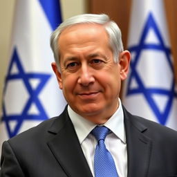 A portrait of Benjamin Netanyahu, the Prime Minister of Israel, in a formal setting
