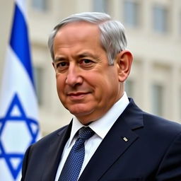 A portrait of Benjamin Netanyahu, the Prime Minister of Israel, in a formal setting