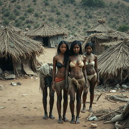A scene depicting a impoverished village with straw huts scattered around, showcasing the harsh living conditions