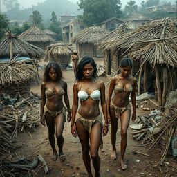 A scene depicting a impoverished village with straw huts scattered around, showcasing the harsh living conditions