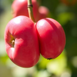 A close-up photograph of two vibrant jambus (rose apples) connected together by a single, smooth green stem