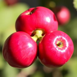 A close-up photograph of two vibrant jambus (rose apples) connected together by a single, smooth green stem
