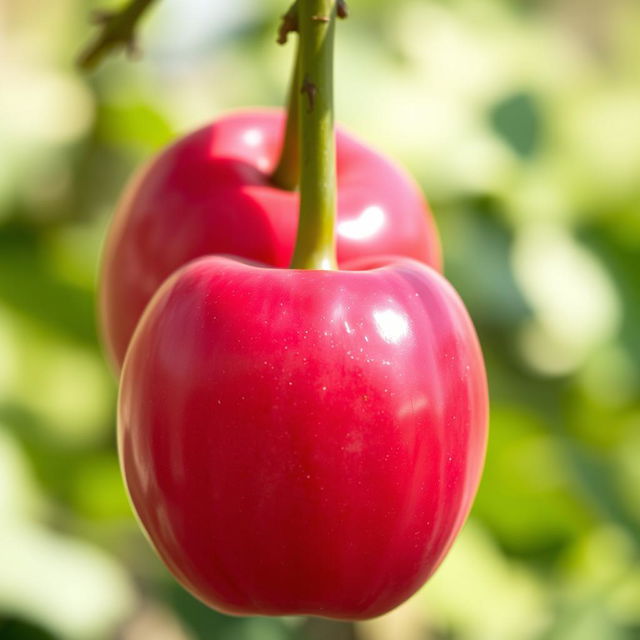 A close-up photograph of two vibrant jambus (rose apples) connected together by a single, smooth green stem