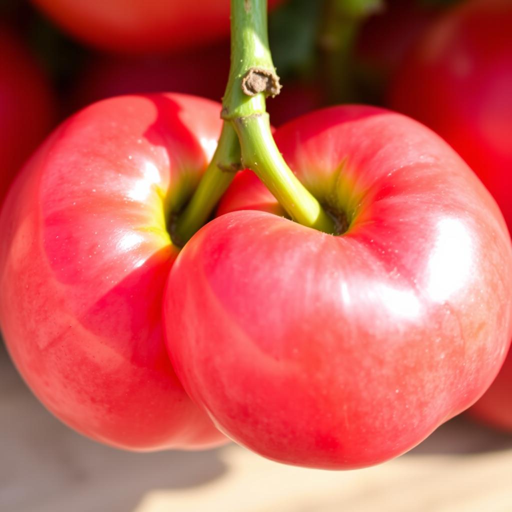 A close-up photograph of two vibrant jambus (rose apples) connected together by a single, smooth green stem