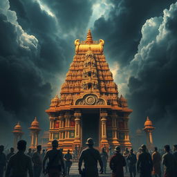 A dramatic scene depicting a Hindu temple under threat, showcasing a grand temple architecture with intricate carvings and vibrant colors