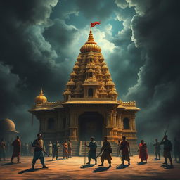 A dramatic scene depicting a Hindu temple under threat, showcasing a grand temple architecture with intricate carvings and vibrant colors