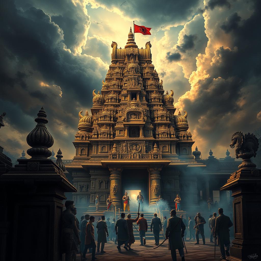 A dramatic scene depicting a Hindu temple under threat, showcasing a grand temple architecture with intricate carvings and vibrant colors