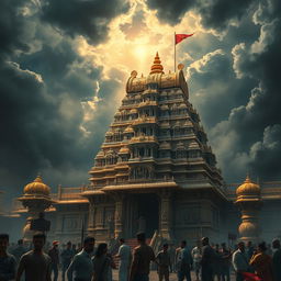 A dramatic scene depicting a Hindu temple under threat, showcasing a grand temple architecture with intricate carvings and vibrant colors