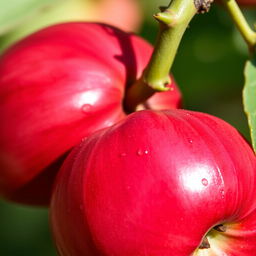 A detailed close-up shot of two vibrant jambus (rose apples) connected by a single green stem