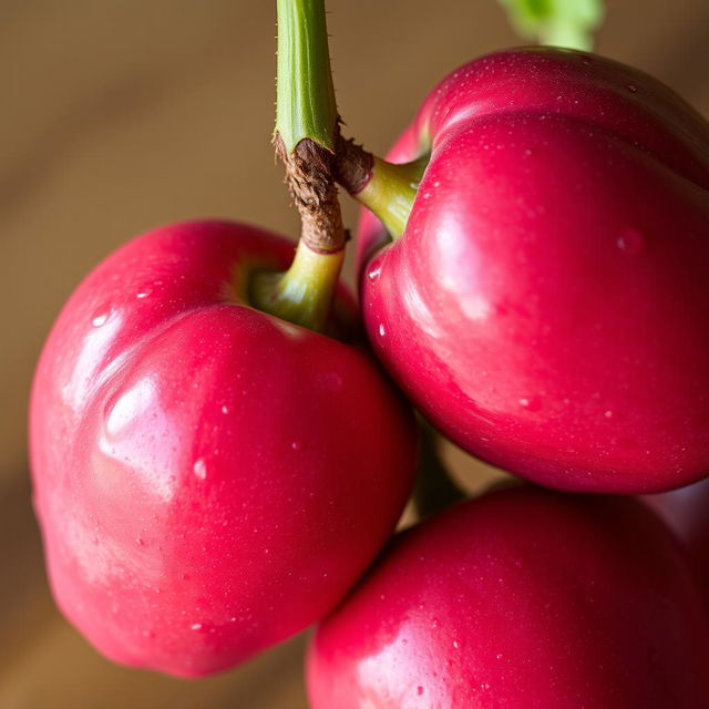 A detailed close-up shot of two vibrant jambus (rose apples) connected by a single green stem