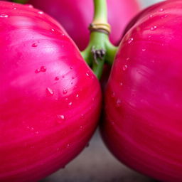 A detailed close-up shot of two vibrant jambus (rose apples) connected by a single green stem