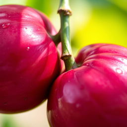 A detailed close-up shot of two vibrant jambus (rose apples) connected by a single green stem