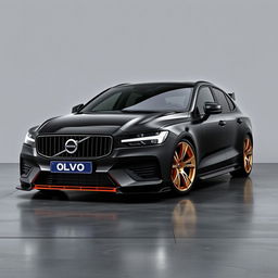 A striking digital rendering of a black Volvo car parked on a smooth concrete floor against a gray background
