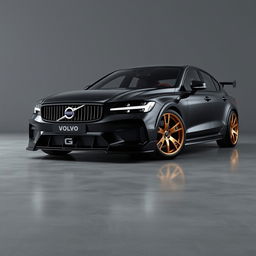 A striking digital rendering of a black Volvo car parked on a smooth concrete floor against a gray background