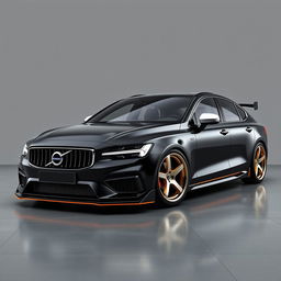 A striking digital rendering of a black Volvo car parked on a smooth concrete floor against a gray background