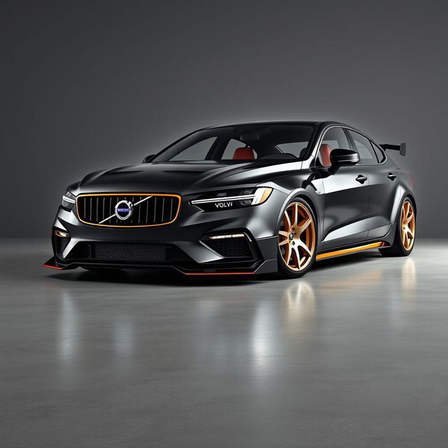 A striking digital rendering of a black Volvo car parked on a smooth concrete floor against a gray background