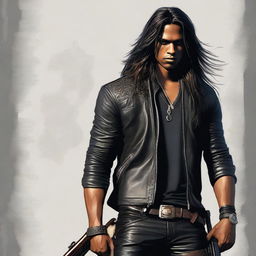 A highly detailed digital art image of a handsome young Indian man with long hair