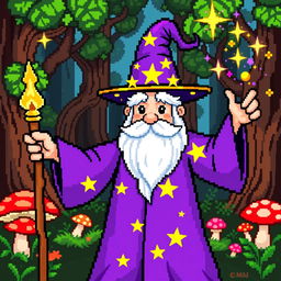 A whimsical 8-bit pixel art wizard, wearing a bright purple robe adorned with golden stars