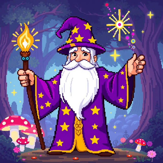 A whimsical 8-bit pixel art wizard, wearing a bright purple robe adorned with golden stars