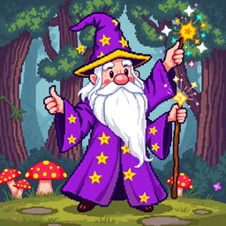 A whimsical 8-bit pixel art wizard, wearing a bright purple robe adorned with golden stars