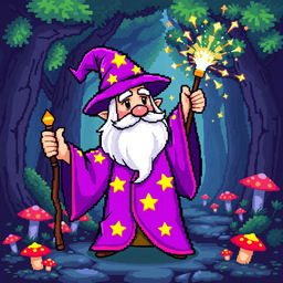 A whimsical 8-bit pixel art wizard, wearing a bright purple robe adorned with golden stars