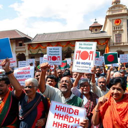 A powerful scene depicting a group of Bangladeshi Hindu protesters gathered in a city square, passionately holding banners and placards that advocate for the safety and rights of Hindu minorities