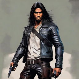 A highly detailed digital art image of a handsome young Indian man with long hair