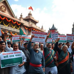 A powerful scene depicting a group of Bangladeshi Hindu protesters gathered in a city square, passionately holding banners and placards that advocate for the safety and rights of Hindu minorities