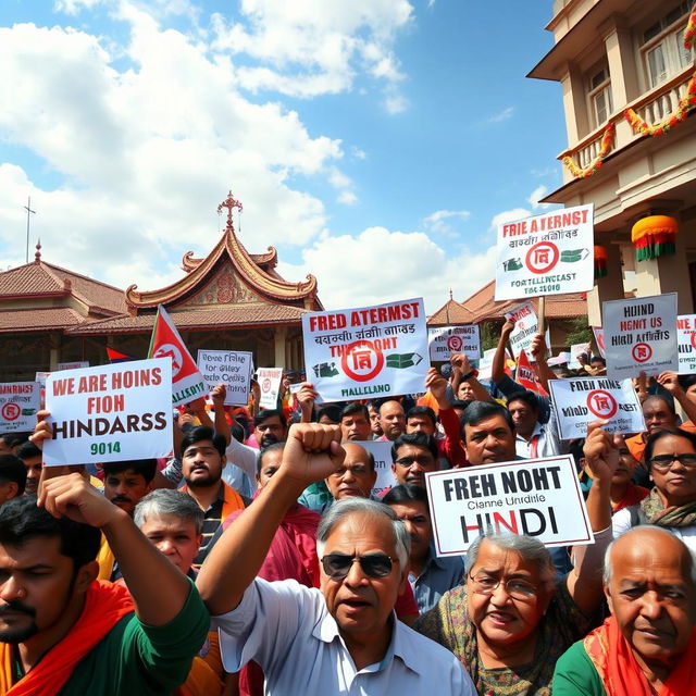 A powerful scene depicting a group of Bangladeshi Hindu protesters gathered in a city square, passionately holding banners and placards that advocate for the safety and rights of Hindu minorities