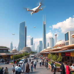 A futuristic cityscape of Tehran, Iran in 2030, showcasing a blend of traditional Persian architecture with innovative modern designs