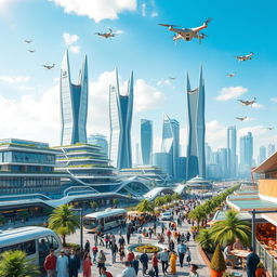 A futuristic cityscape of Tehran, Iran in 2030, showcasing a blend of traditional Persian architecture with innovative modern designs