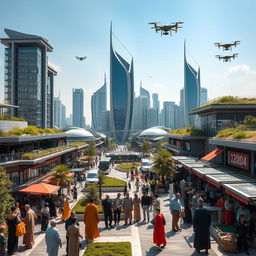 A futuristic cityscape of Tehran, Iran in 2030, showcasing a blend of traditional Persian architecture with innovative modern designs