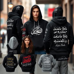 A collection of stylish hoodies featuring beautiful and intricate Urdu calligraphy designs, showcasing a variety of colors and patterns