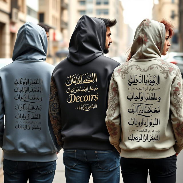 A collection of stylish hoodies featuring beautiful and intricate Urdu calligraphy designs, showcasing a variety of colors and patterns