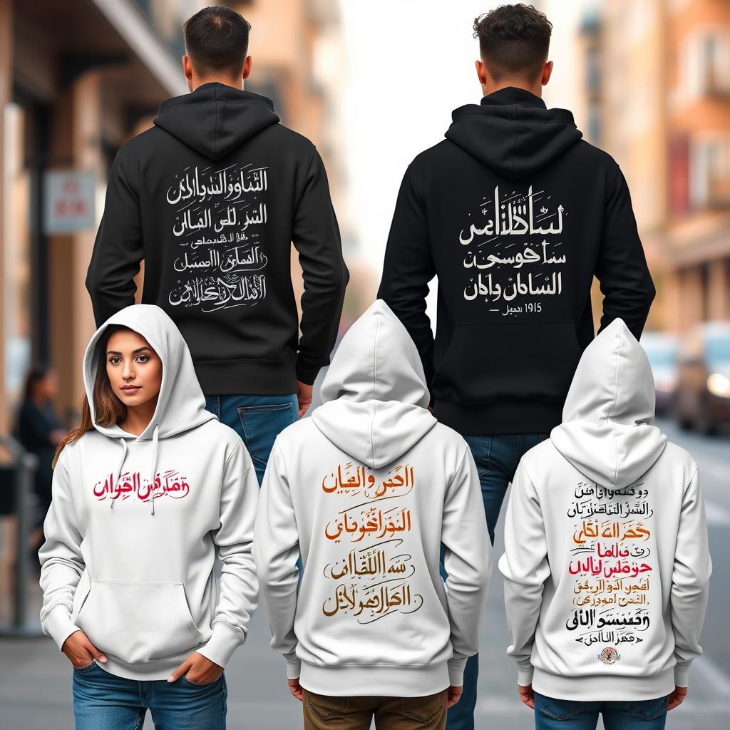 A collection of stylish hoodies featuring beautiful and intricate Urdu calligraphy designs, showcasing a variety of colors and patterns