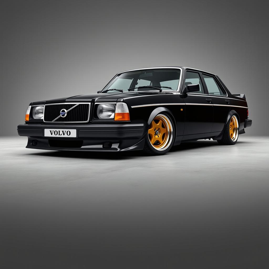 A detailed digital rendering of a 1978 black Volvo 142 parked on a smooth concrete floor against a gray background