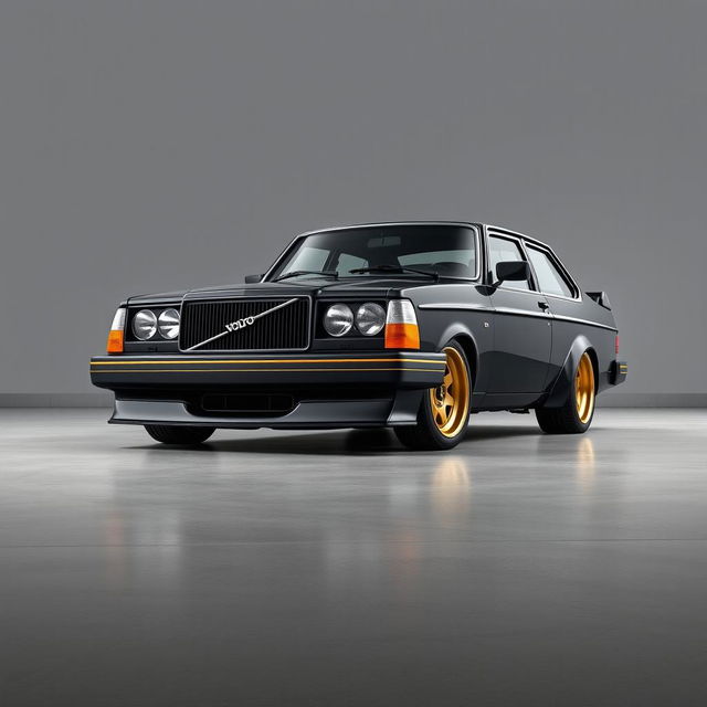 A detailed digital rendering of a 1978 black Volvo 142 parked on a smooth concrete floor against a gray background