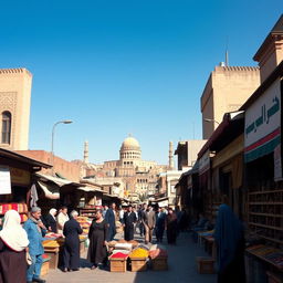 A historical scene capturing the essence of Iran in 1980, featuring a bustling street in Tehran with traditional architecture, colorful bazaars filled with vibrant textiles and spices, and people wearing clothing styles typical of the time, such as long tunics and headscarves