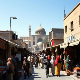 A historical scene capturing the essence of Iran in 1980, featuring a bustling street in Tehran with traditional architecture, colorful bazaars filled with vibrant textiles and spices, and people wearing clothing styles typical of the time, such as long tunics and headscarves
