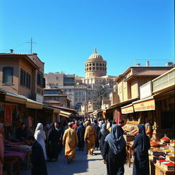 A historical scene capturing the essence of Iran in 1980, featuring a bustling street in Tehran with traditional architecture, colorful bazaars filled with vibrant textiles and spices, and people wearing clothing styles typical of the time, such as long tunics and headscarves