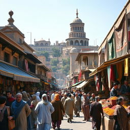 A historical scene capturing the essence of Iran in 1980, featuring a bustling street in Tehran with traditional architecture, colorful bazaars filled with vibrant textiles and spices, and people wearing clothing styles typical of the time, such as long tunics and headscarves